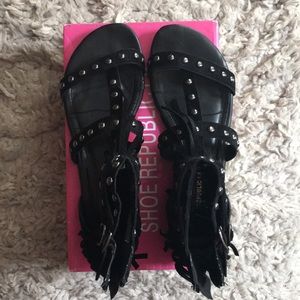 Studded fringe gladiator sandals
